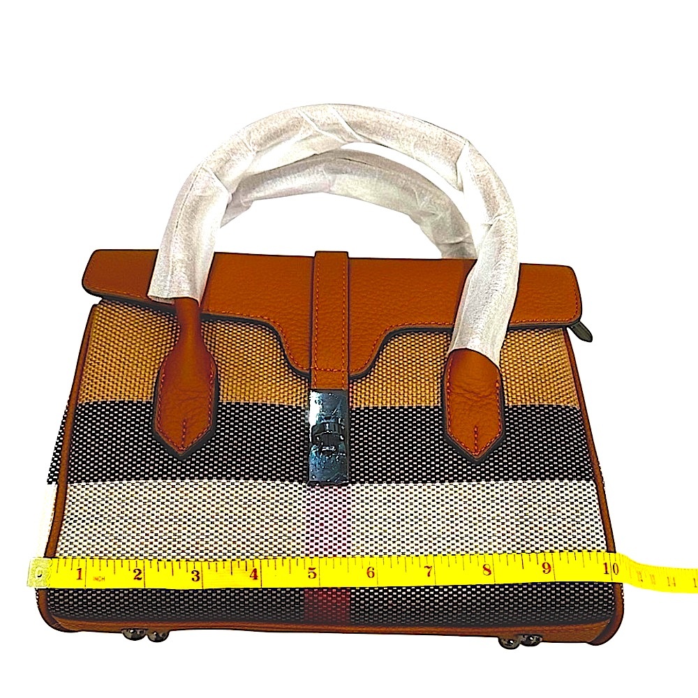 Genuine Leather Top Handle Small Handbag w/Checked Woven Fabric - Picture 4 of 9